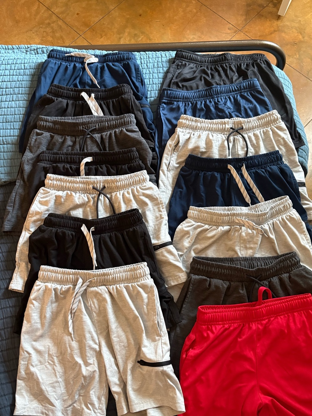 Bundle of 14 Kids Drawstring Athletic works Shorts - Navy, Gray, Black, Red